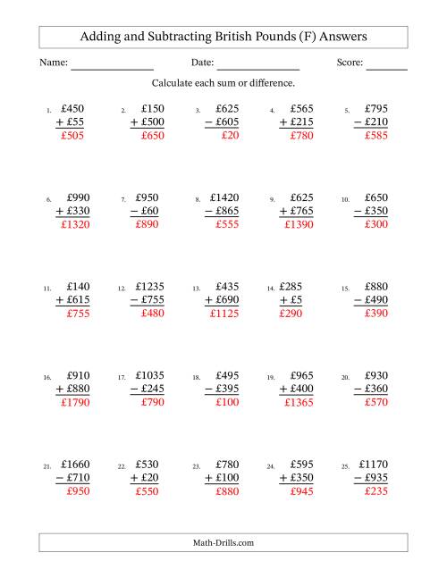 The Adding and Subtracting British Pounds With Amounts from 5 to 995 in Increments of Five Pounds (F) Math Worksheet Page 2