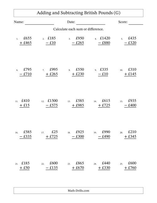 The Adding and Subtracting British Pounds With Amounts from 5 to 995 in Increments of Five Pounds (G) Math Worksheet