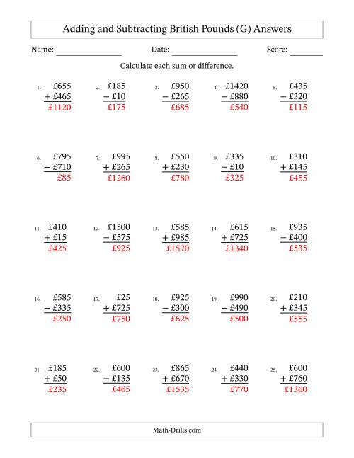 The Adding and Subtracting British Pounds With Amounts from 5 to 995 in Increments of Five Pounds (G) Math Worksheet Page 2