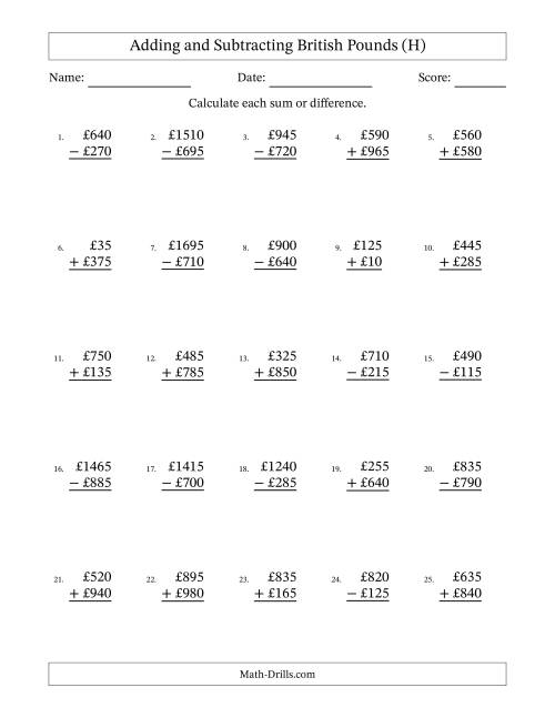 The Adding and Subtracting British Pounds With Amounts from 5 to 995 in Increments of Five Pounds (H) Math Worksheet