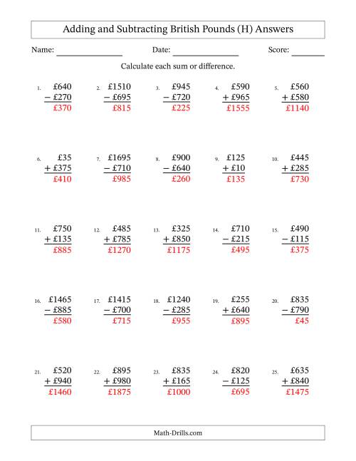 The Adding and Subtracting British Pounds With Amounts from 5 to 995 in Increments of Five Pounds (H) Math Worksheet Page 2