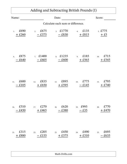 The Adding and Subtracting British Pounds With Amounts from 5 to 995 in Increments of Five Pounds (I) Math Worksheet