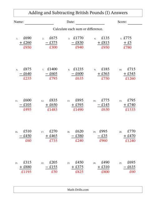 The Adding and Subtracting British Pounds With Amounts from 5 to 995 in Increments of Five Pounds (I) Math Worksheet Page 2