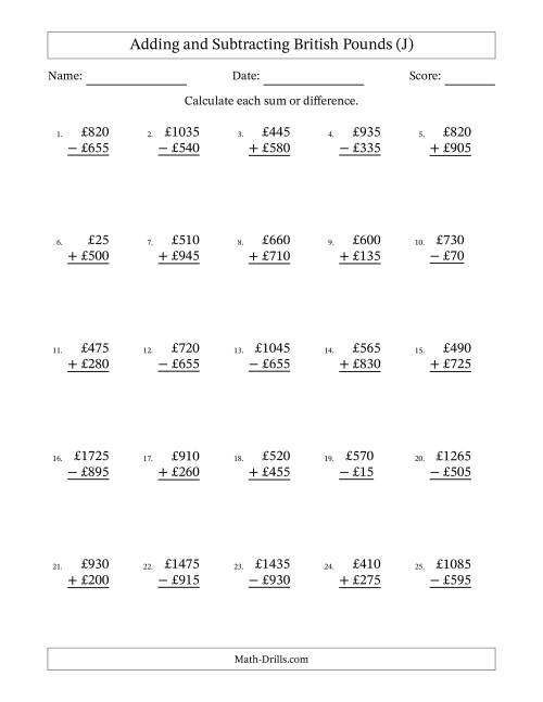 The Adding and Subtracting British Pounds With Amounts from 5 to 995 in Increments of Five Pounds (J) Math Worksheet