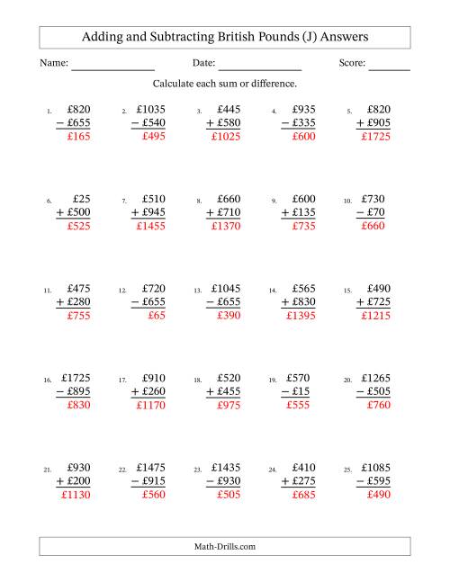 The Adding and Subtracting British Pounds With Amounts from 5 to 995 in Increments of Five Pounds (J) Math Worksheet Page 2