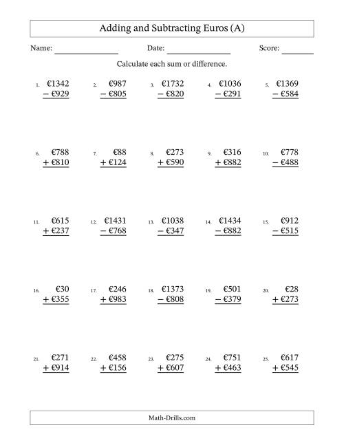 The Adding and Subtracting Euros With Amounts from 1 to 999 in Increments of One Euro (A) Math Worksheet