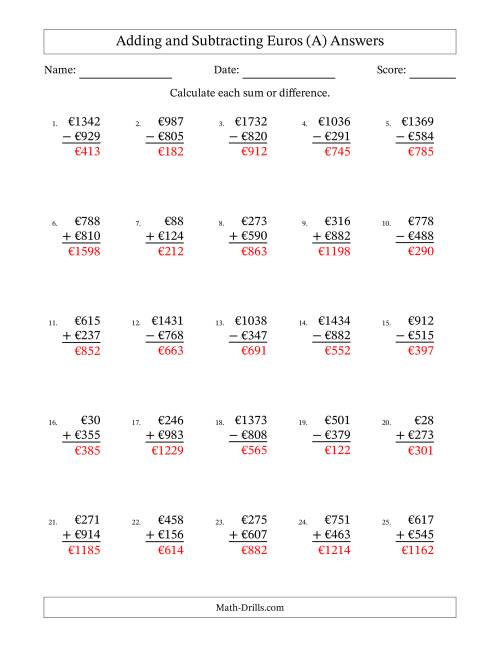 The Adding and Subtracting Euros With Amounts from 1 to 999 in Increments of One Euro (A) Math Worksheet Page 2