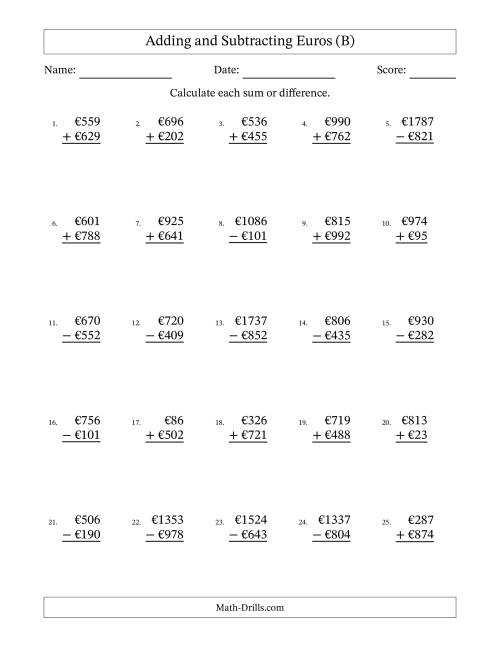 The Adding and Subtracting Euros With Amounts from 1 to 999 in Increments of One Euro (B) Math Worksheet