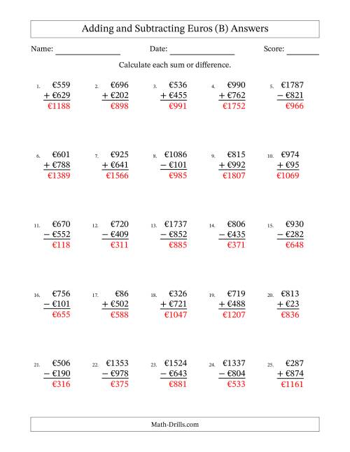 The Adding and Subtracting Euros With Amounts from 1 to 999 in Increments of One Euro (B) Math Worksheet Page 2