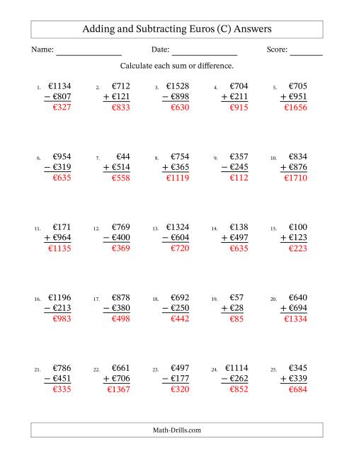 The Adding and Subtracting Euros With Amounts from 1 to 999 in Increments of One Euro (C) Math Worksheet Page 2