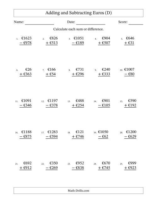 The Adding and Subtracting Euros With Amounts from 1 to 999 in Increments of One Euro (D) Math Worksheet