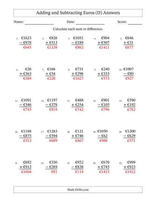 The Adding and Subtracting Euros With Amounts from 1 to 999 in Increments of One Euro (D) Math Worksheet Page 2