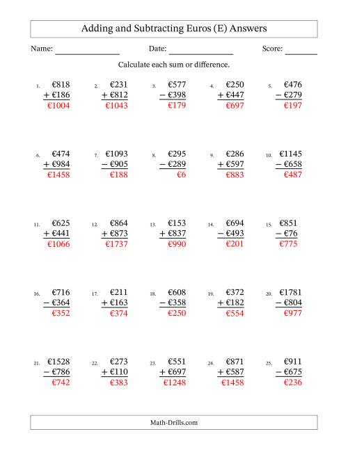 The Adding and Subtracting Euros With Amounts from 1 to 999 in Increments of One Euro (E) Math Worksheet Page 2