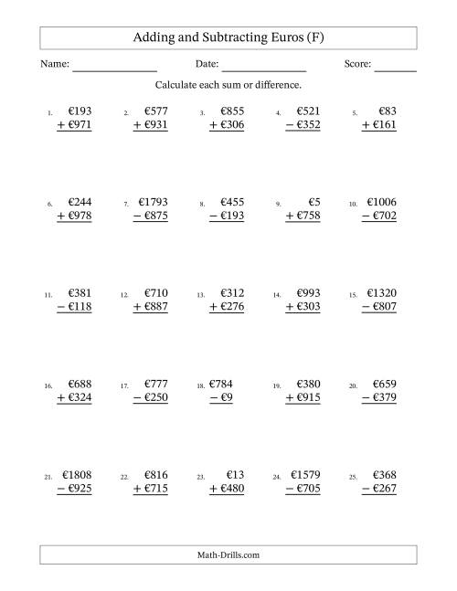 The Adding and Subtracting Euros With Amounts from 1 to 999 in Increments of One Euro (F) Math Worksheet