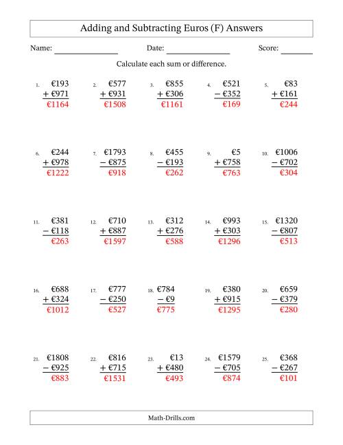 The Adding and Subtracting Euros With Amounts from 1 to 999 in Increments of One Euro (F) Math Worksheet Page 2