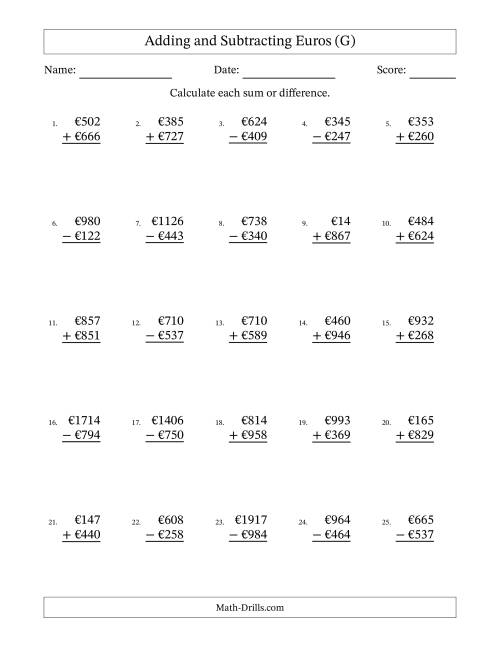 The Adding and Subtracting Euros With Amounts from 1 to 999 in Increments of One Euro (G) Math Worksheet