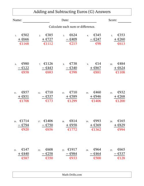 The Adding and Subtracting Euros With Amounts from 1 to 999 in Increments of One Euro (G) Math Worksheet Page 2