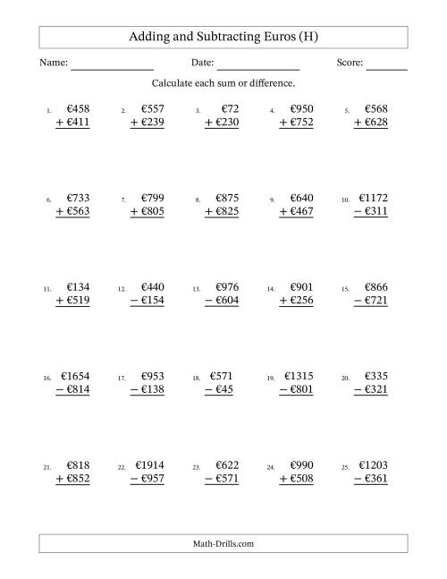 The Adding and Subtracting Euros With Amounts from 1 to 999 in Increments of One Euro (H) Math Worksheet