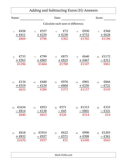 The Adding and Subtracting Euros With Amounts from 1 to 999 in Increments of One Euro (H) Math Worksheet Page 2