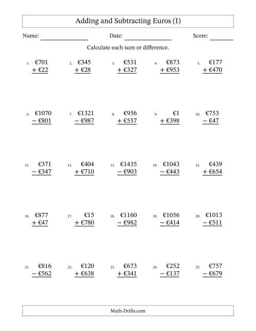 The Adding and Subtracting Euros With Amounts from 1 to 999 in Increments of One Euro (I) Math Worksheet