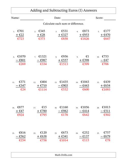 The Adding and Subtracting Euros With Amounts from 1 to 999 in Increments of One Euro (I) Math Worksheet Page 2