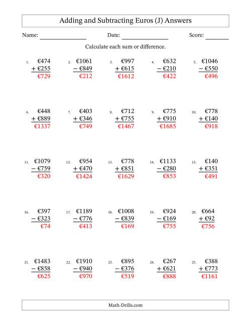 The Adding and Subtracting Euros With Amounts from 1 to 999 in Increments of One Euro (J) Math Worksheet Page 2