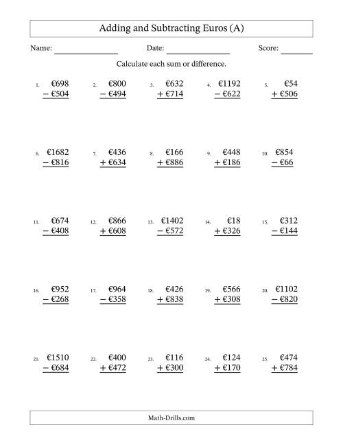 The Adding and Subtracting Euros With Amounts from 2 to 998 in Increments of Two Euros (A) Math Worksheet