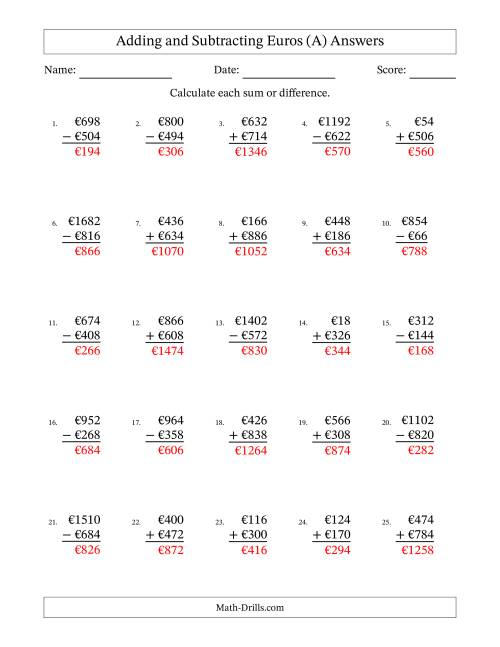 The Adding and Subtracting Euros With Amounts from 2 to 998 in Increments of Two Euros (A) Math Worksheet Page 2