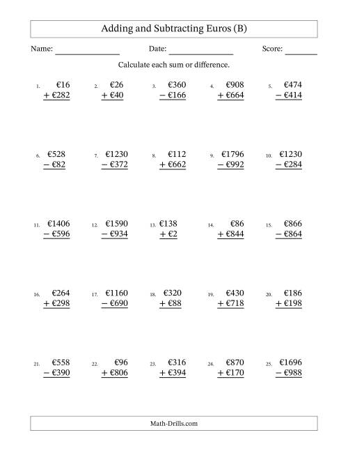 The Adding and Subtracting Euros With Amounts from 2 to 998 in Increments of Two Euros (B) Math Worksheet