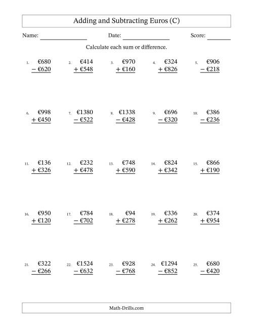 The Adding and Subtracting Euros With Amounts from 2 to 998 in Increments of Two Euros (C) Math Worksheet