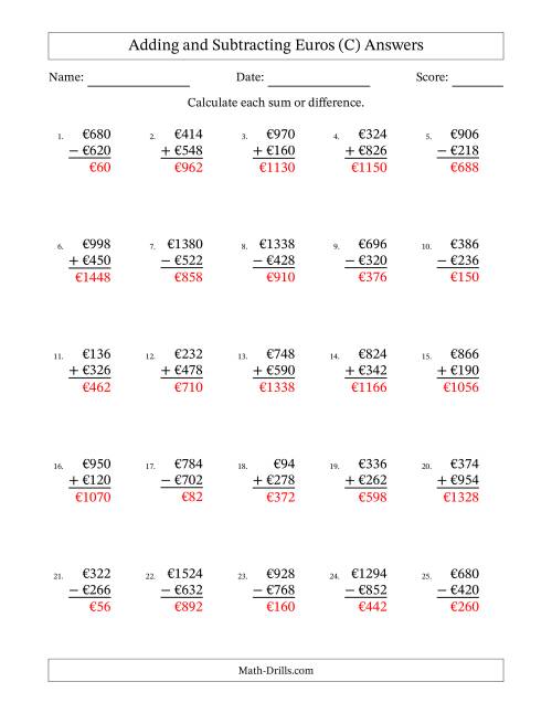 The Adding and Subtracting Euros With Amounts from 2 to 998 in Increments of Two Euros (C) Math Worksheet Page 2