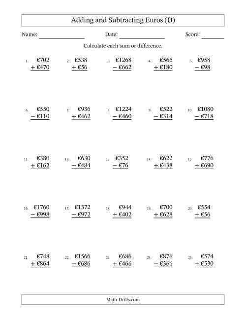 The Adding and Subtracting Euros With Amounts from 2 to 998 in Increments of Two Euros (D) Math Worksheet