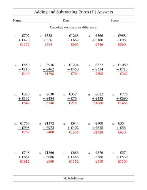 The Adding and Subtracting Euros With Amounts from 2 to 998 in Increments of Two Euros (D) Math Worksheet Page 2