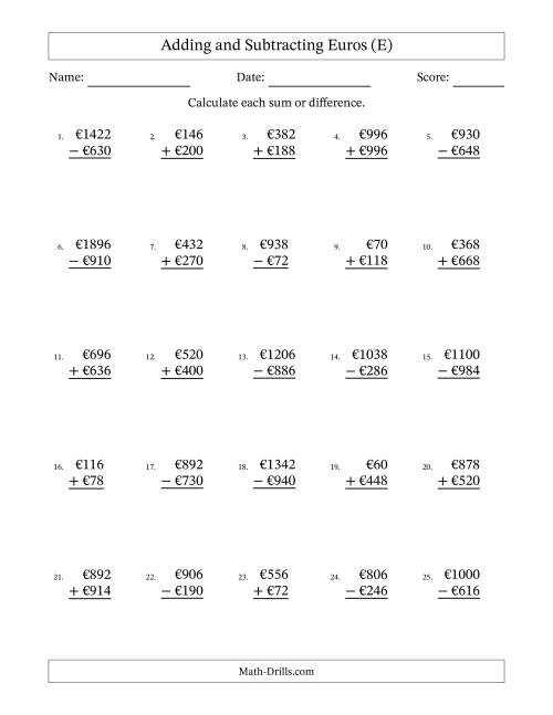 The Adding and Subtracting Euros With Amounts from 2 to 998 in Increments of Two Euros (E) Math Worksheet