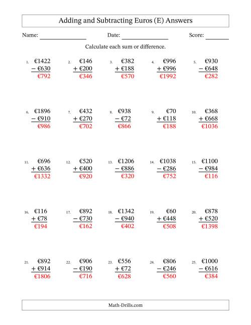 The Adding and Subtracting Euros With Amounts from 2 to 998 in Increments of Two Euros (E) Math Worksheet Page 2