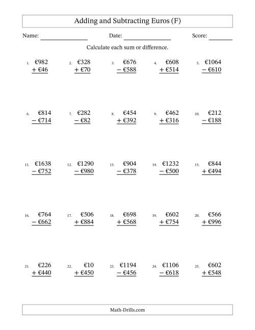 The Adding and Subtracting Euros With Amounts from 2 to 998 in Increments of Two Euros (F) Math Worksheet