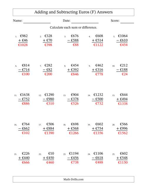 The Adding and Subtracting Euros With Amounts from 2 to 998 in Increments of Two Euros (F) Math Worksheet Page 2