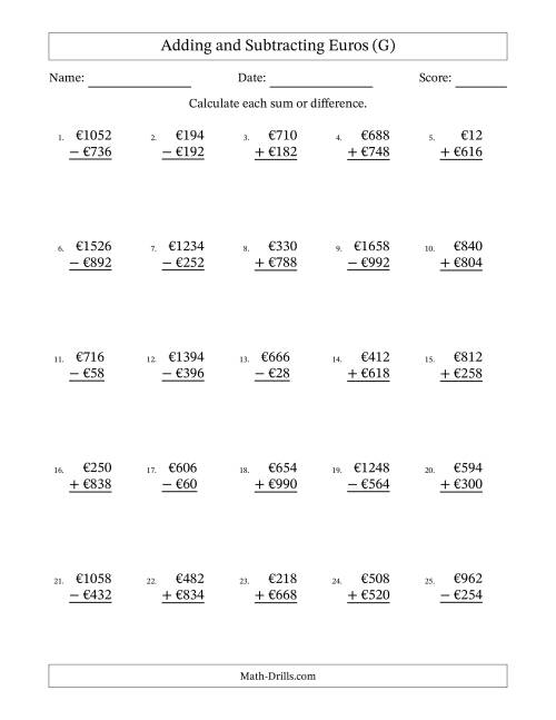 The Adding and Subtracting Euros With Amounts from 2 to 998 in Increments of Two Euros (G) Math Worksheet