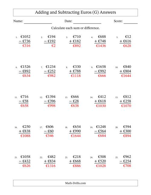 The Adding and Subtracting Euros With Amounts from 2 to 998 in Increments of Two Euros (G) Math Worksheet Page 2