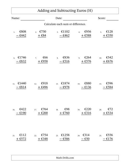 The Adding and Subtracting Euros With Amounts from 2 to 998 in Increments of Two Euros (H) Math Worksheet