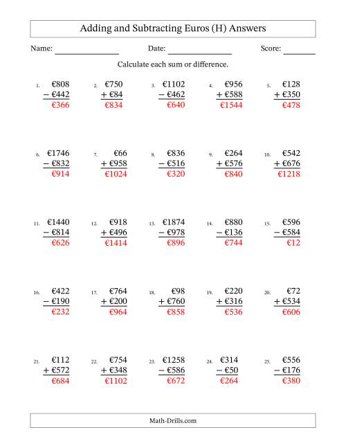 The Adding and Subtracting Euros With Amounts from 2 to 998 in Increments of Two Euros (H) Math Worksheet Page 2