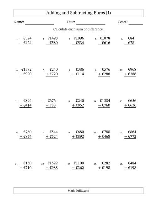 The Adding and Subtracting Euros With Amounts from 2 to 998 in Increments of Two Euros (I) Math Worksheet