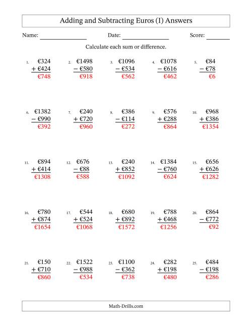 The Adding and Subtracting Euros With Amounts from 2 to 998 in Increments of Two Euros (I) Math Worksheet Page 2