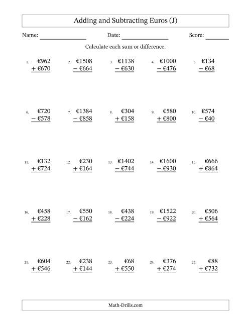 The Adding and Subtracting Euros With Amounts from 2 to 998 in Increments of Two Euros (J) Math Worksheet