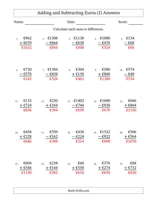 The Adding and Subtracting Euros With Amounts from 2 to 998 in Increments of Two Euros (J) Math Worksheet Page 2