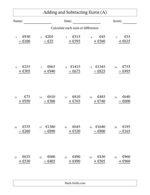 The Adding and Subtracting Euros With Amounts from 5 to 995 in Increments of Five Euros (A) Math Worksheet