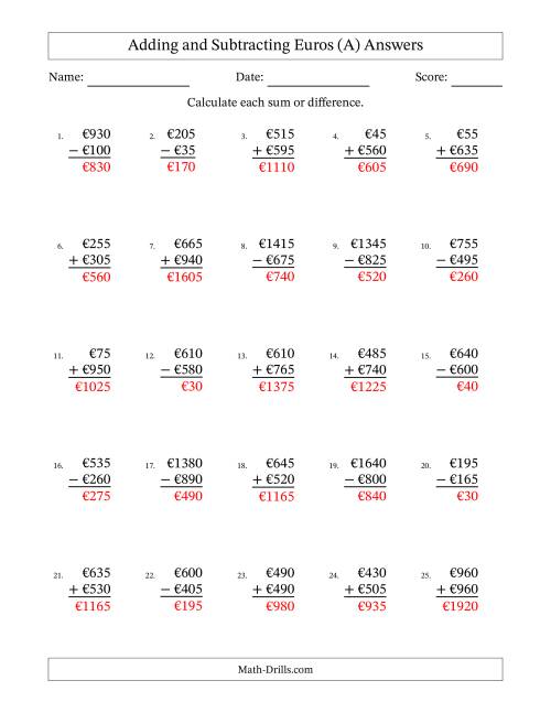 The Adding and Subtracting Euros With Amounts from 5 to 995 in Increments of Five Euros (A) Math Worksheet Page 2