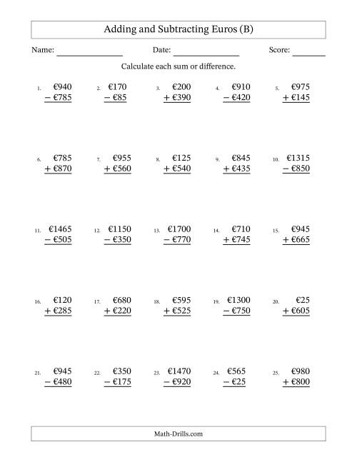 The Adding and Subtracting Euros With Amounts from 5 to 995 in Increments of Five Euros (B) Math Worksheet