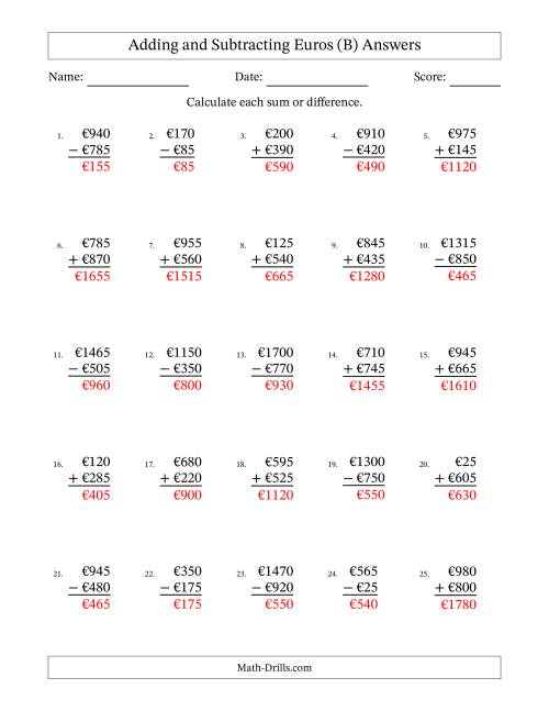 The Adding and Subtracting Euros With Amounts from 5 to 995 in Increments of Five Euros (B) Math Worksheet Page 2