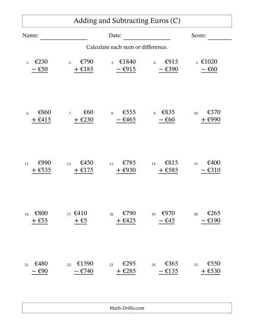 The Adding and Subtracting Euros With Amounts from 5 to 995 in Increments of Five Euros (C) Math Worksheet